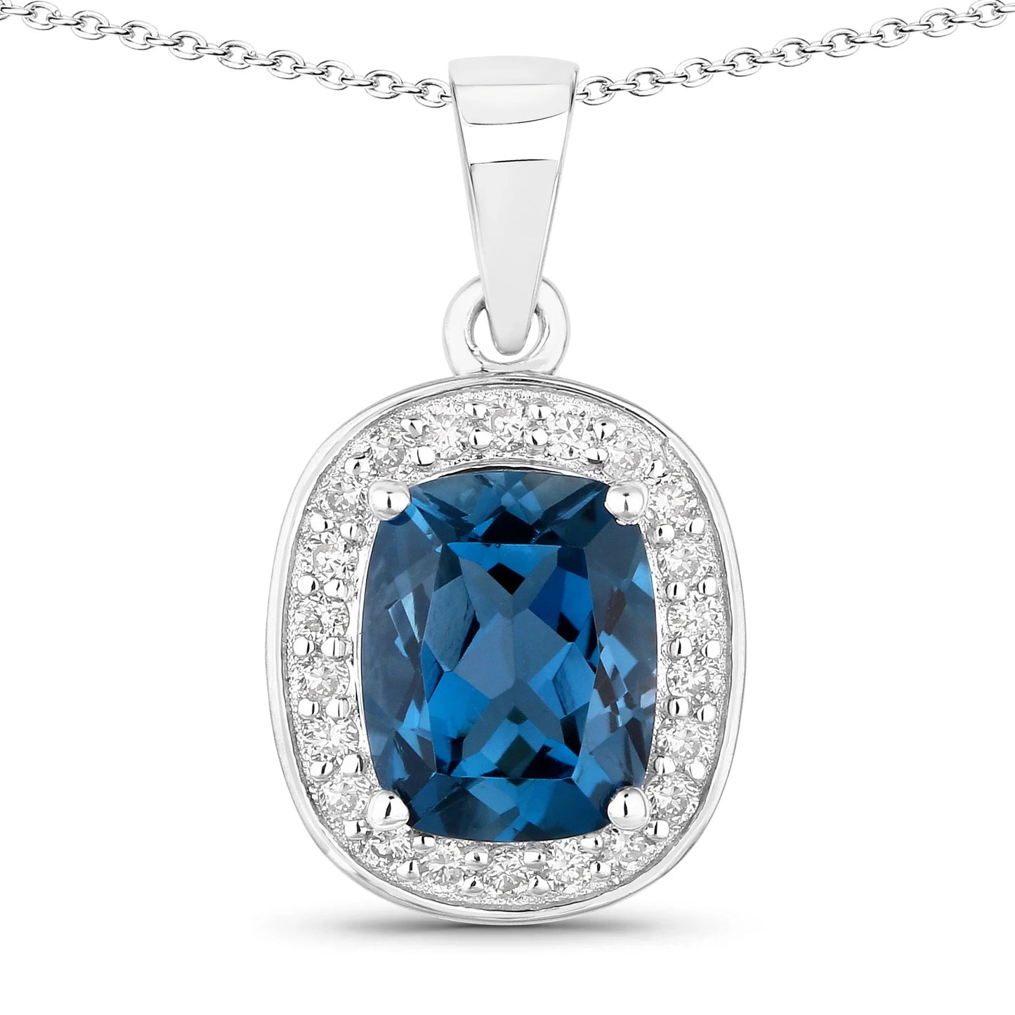 2.01 Ct Cushion London Blue Topaz and Lab Diamond Prong Silver Halo Pendant Necklace