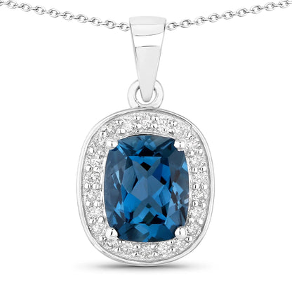 2.01 Ct Cushion London Blue Topaz and Lab Diamond Prong Silver Halo Pendant Necklace