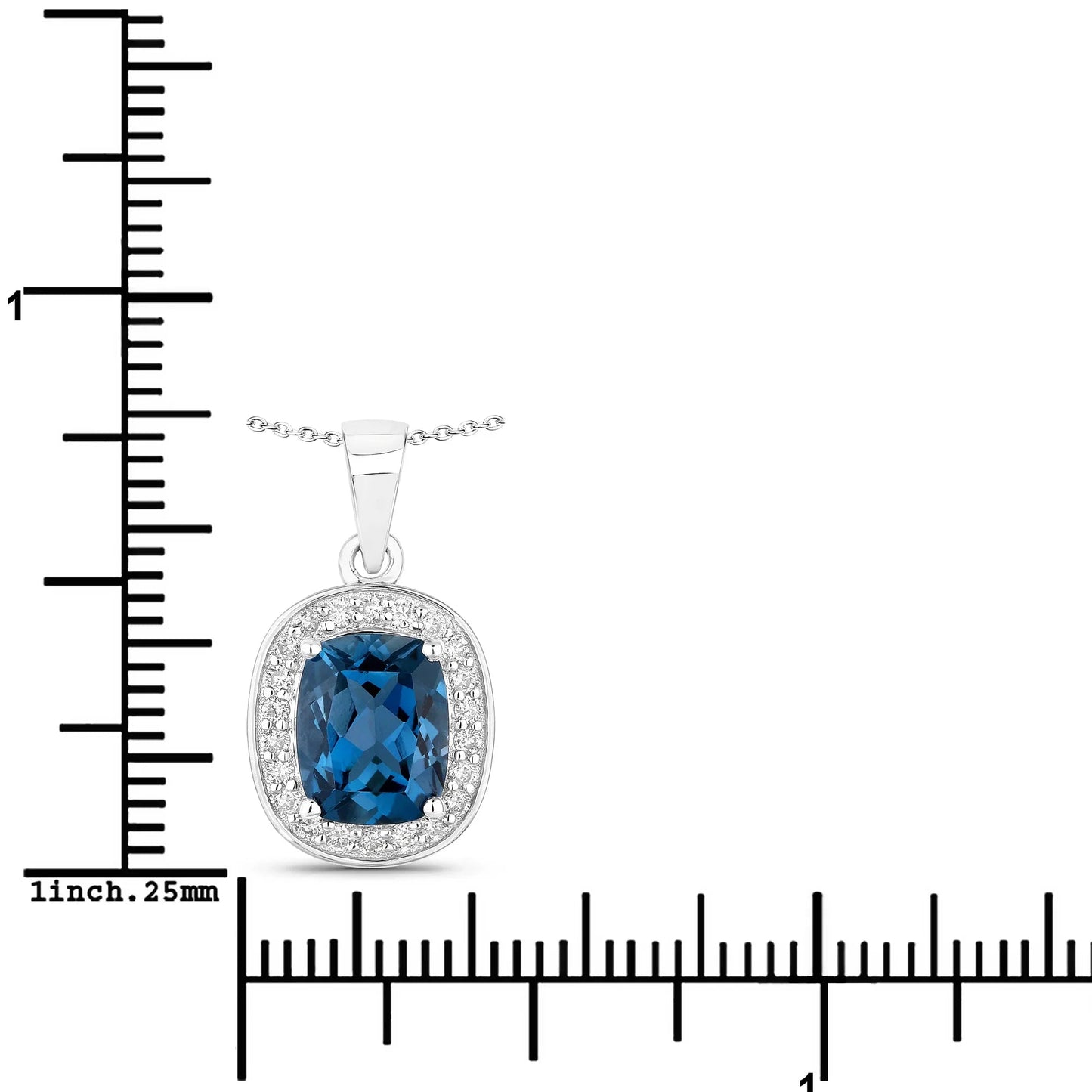 2.01 Ct Cushion London Blue Topaz and Lab Diamond Prong Silver Halo Pendant Necklace