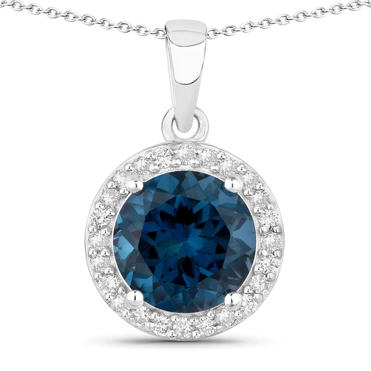3.20 Ct Round London Blue Topaz Lab Diamond Prong Silver Halo Pendant Necklace