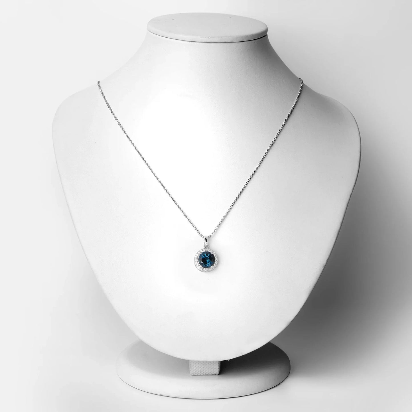 3.20 Ct Round London Blue Topaz Lab Diamond Prong Silver Halo Pendant Necklace
