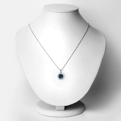 3.20 Ct Round London Blue Topaz Lab Diamond Prong Silver Halo Pendant Necklace