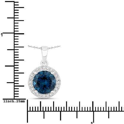 3.20 Ct Round London Blue Topaz Lab Diamond Prong Silver Halo Pendant Necklace