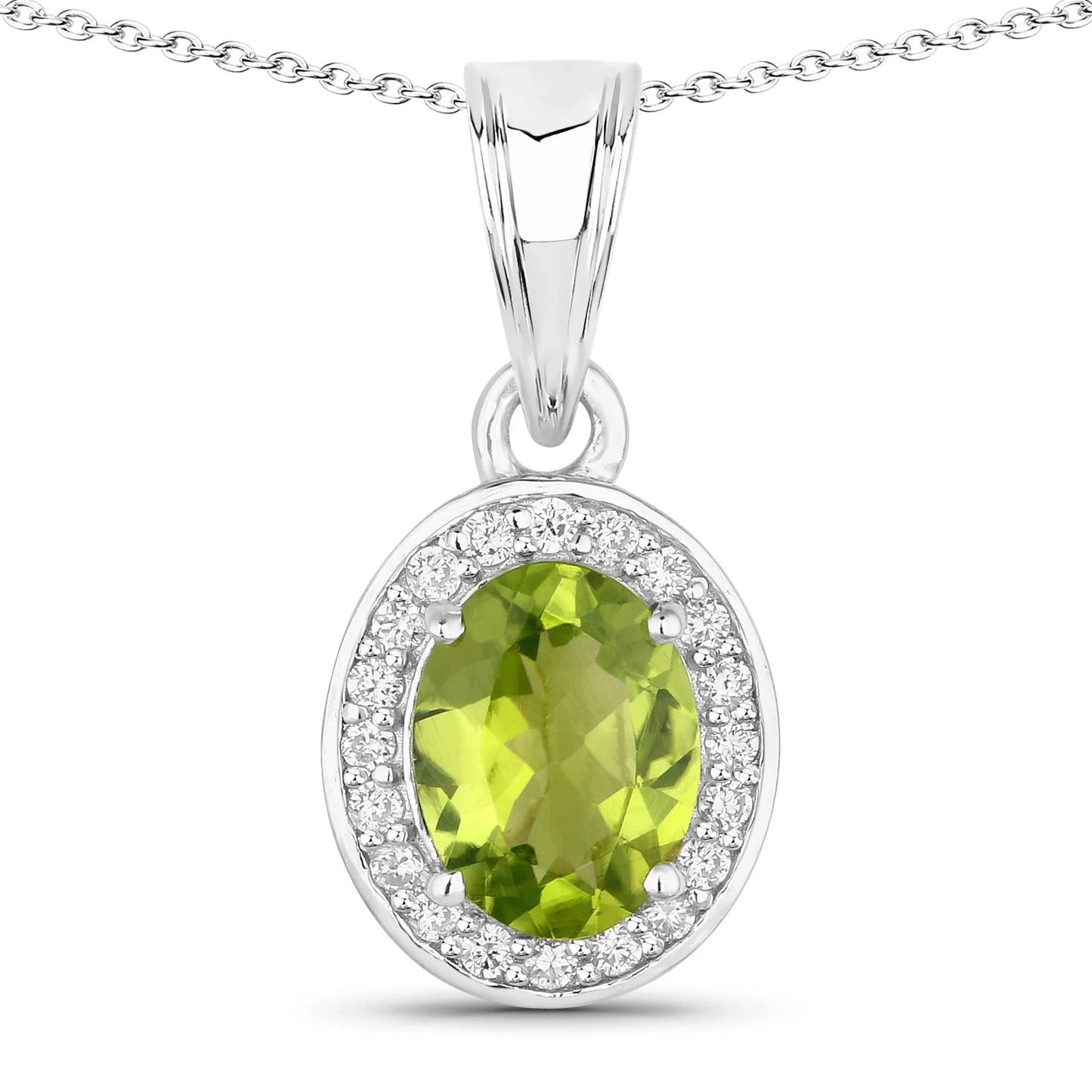 1.70 Ct Oval Green Peridot and Lab Diamond Prong Silver Halo Pendant Necklace