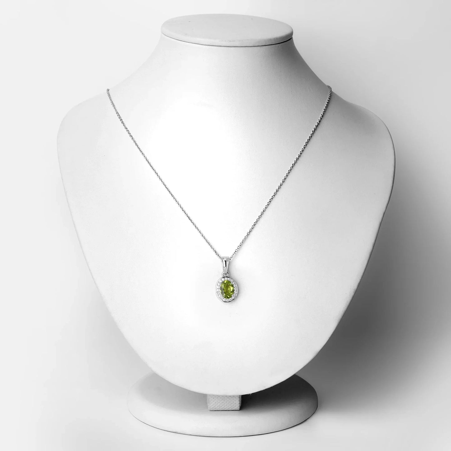 1.70 Ct Oval Green Peridot and Lab Diamond Prong Silver Halo Pendant Necklace