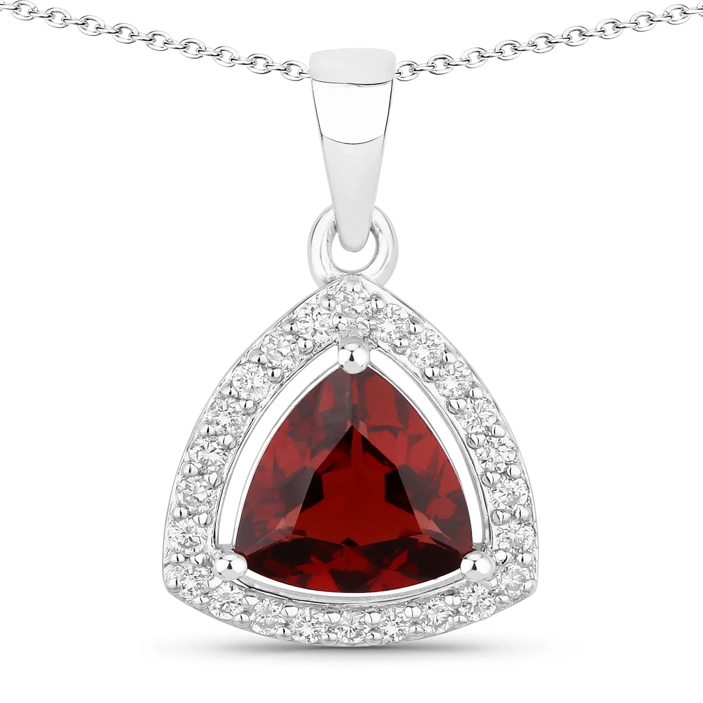 2 Ct Trillion Red Garnet and Lab Diamond Prong Silver Halo Pendant Necklace