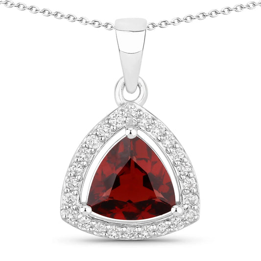 2 Ct Trillion Red Garnet and Lab Diamond Prong Silver Halo Pendant Necklace