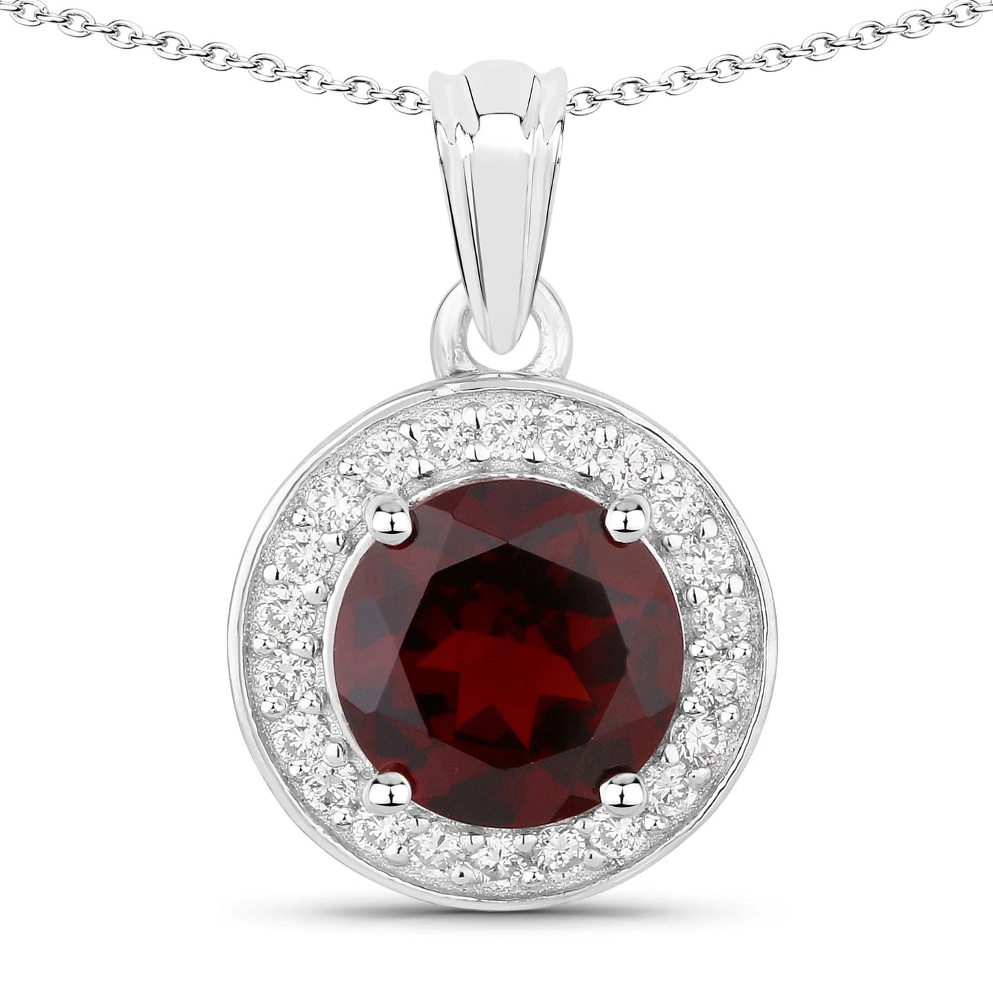 2.25 Ct Round Red Garnet Lab Diamond Prong Silver Halo Pendant Necklace