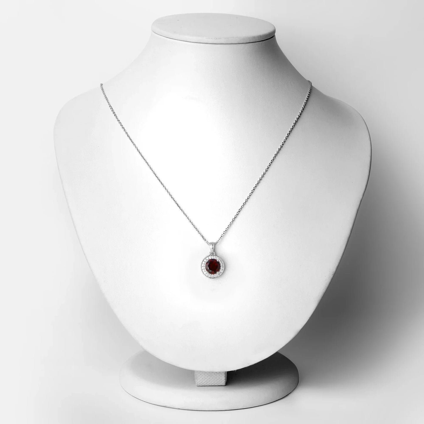 2.25 Ct Round Red Garnet Lab Diamond Prong Silver Halo Pendant Necklace