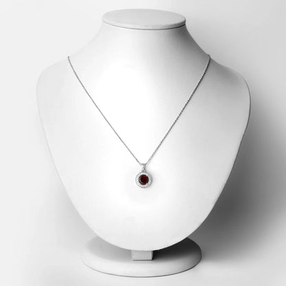 2.25 Ct Round Red Garnet Lab Diamond Prong Silver Halo Pendant Necklace