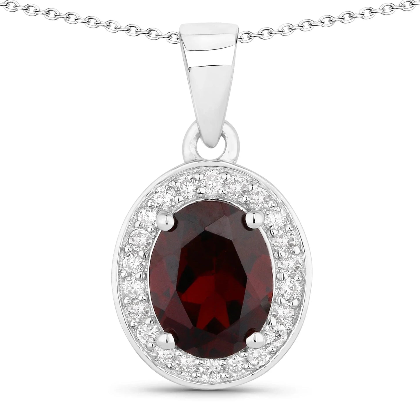 2 Ct Oval Red Garnet Lab Diamond Prong Silver Halo Pendant Necklace