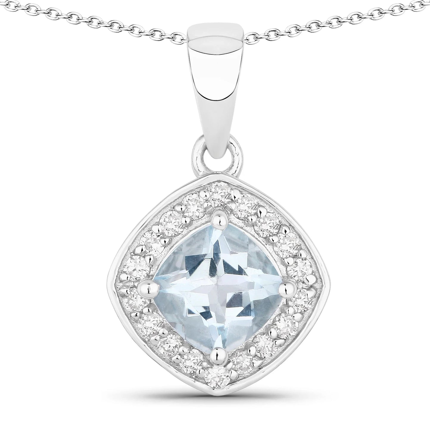 0.75 Ct Cushion Blue Aquamarine and Lab Diamond Prong Silver Halo Pendant Necklace