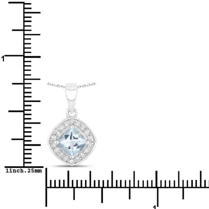0.75 Ct Cushion Blue Aquamarine and Lab Diamond Prong Silver Halo Pendant Necklace