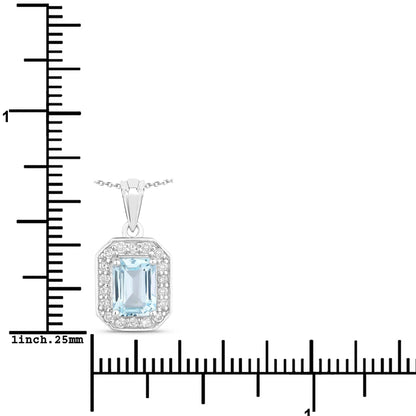 0.80 Ct Octagon Blue Aquamarine Lab Diamond Prong Silver Halo Pendant Necklace