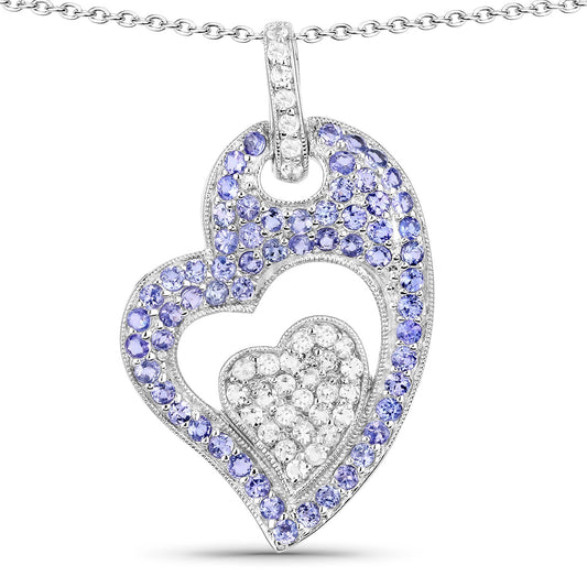 3.26 Cttw Round Violet Tanzanite Pavé Rhodium over Silver Double Heart Pendant Necklace