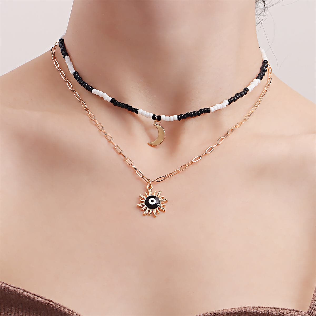 Black Enamel & Howlite Goldtone Sun Moon Layered Pendant Necklace
