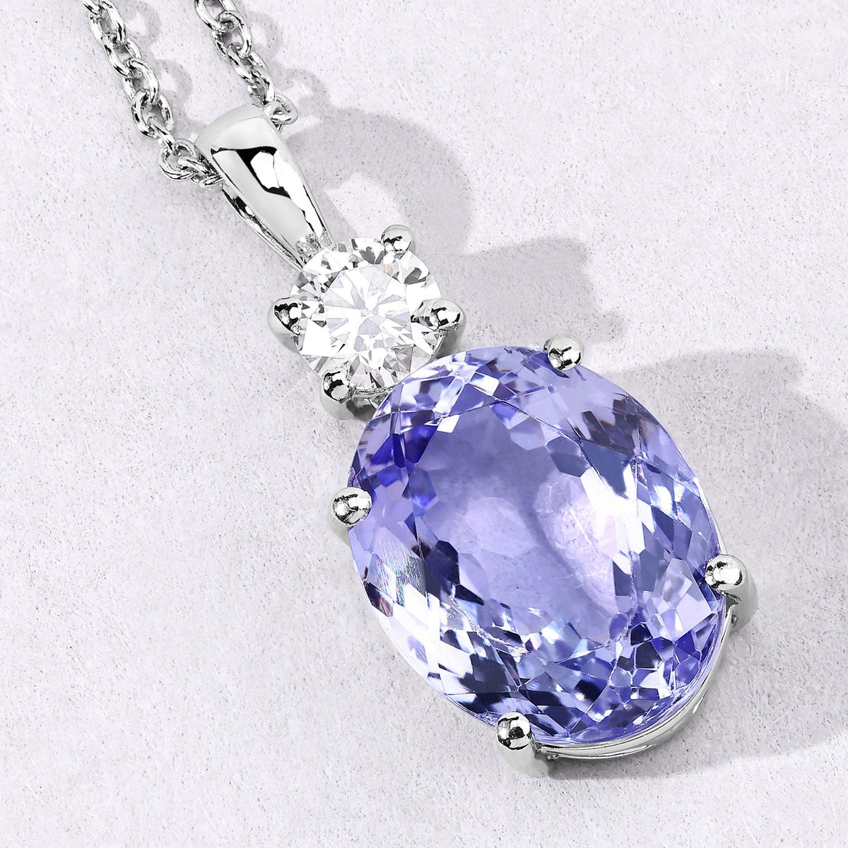 4.75 Cttw Oval Violet Tanzanite and Lab Diamond Rhodium over Silver 2-Stone Pendant Necklace