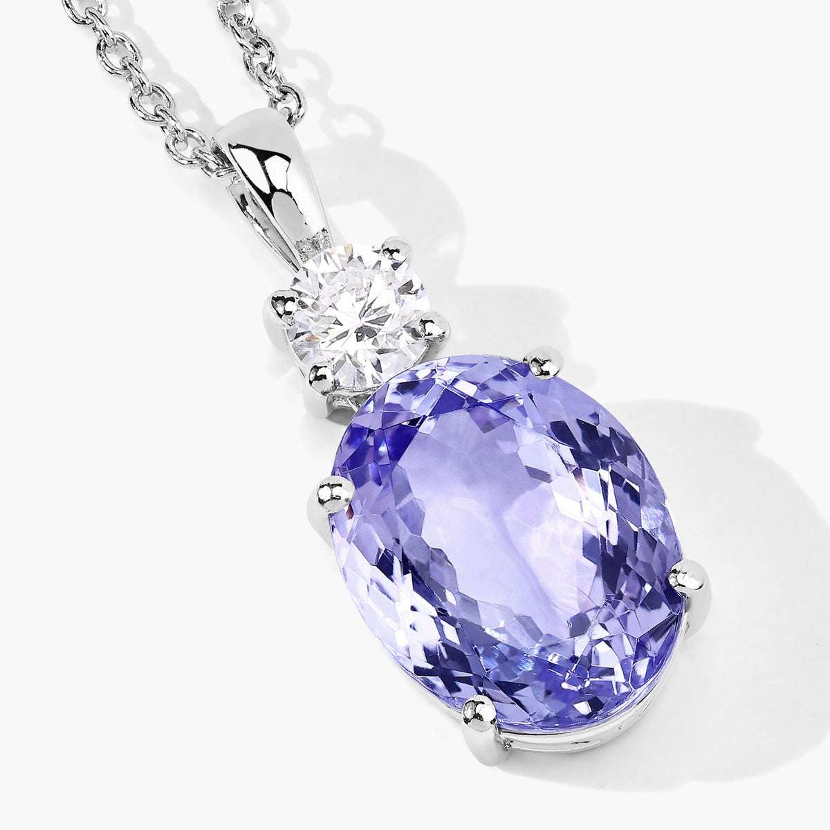 4.75 Cttw Oval Violet Tanzanite and Lab Diamond Rhodium over Silver 2-Stone Pendant Necklace