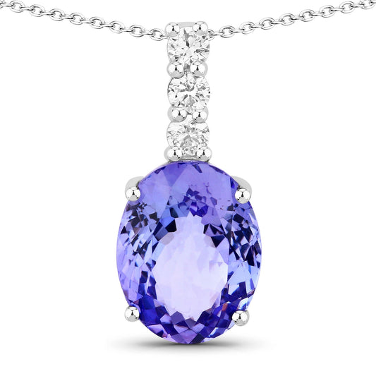 7.02 Cttw Oval Violet Tanzanite Lab Grown Diamond Rhodium over Silver Drop Pendant Necklace