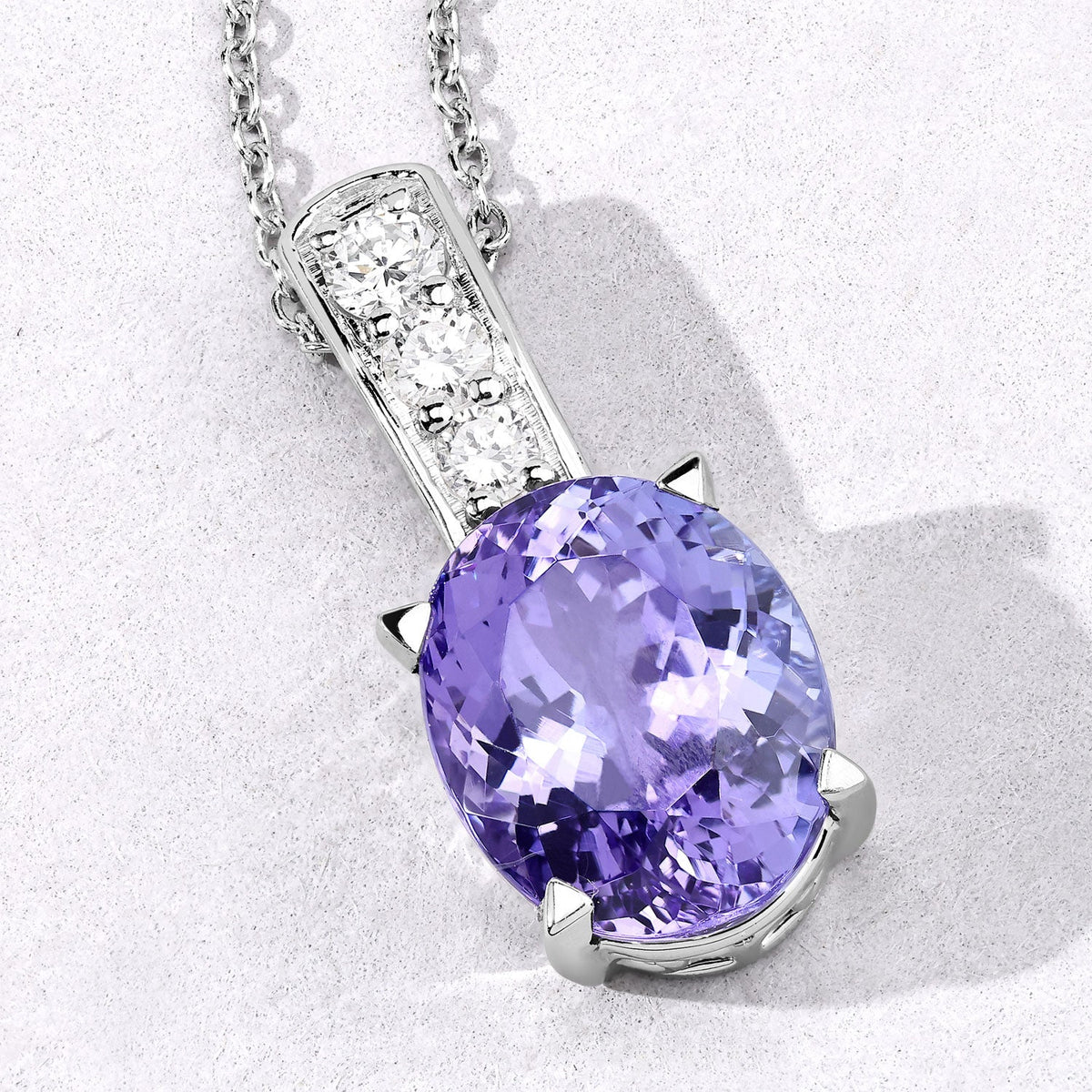 7.02 Cttw Oval Violet Tanzanite Lab Grown Diamond Rhodium over Silver Drop Pendant Necklace