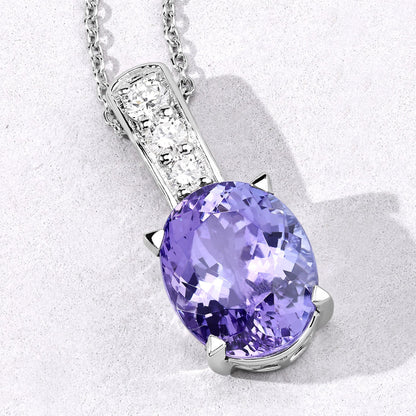 7.02 Cttw Oval Violet Tanzanite Lab Grown Diamond Rhodium over Silver Drop Pendant Necklace