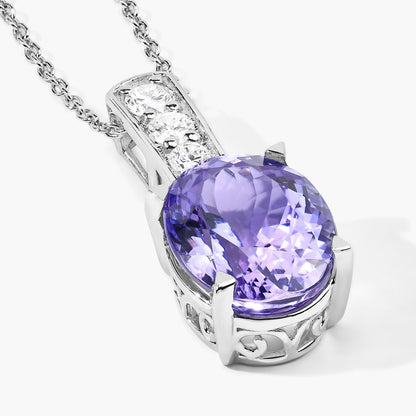 7.02 Cttw Oval Violet Tanzanite Lab Grown Diamond Rhodium over Silver Drop Pendant Necklace