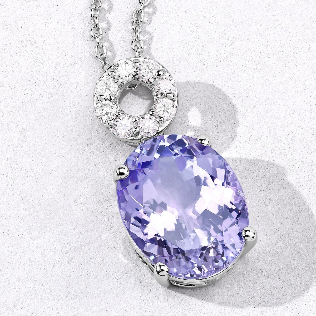 7.75 Cttw Oval Violet Tanzanite and Lab Diamond Rhodium over Silver Circle Bail Drop Pendant Necklace