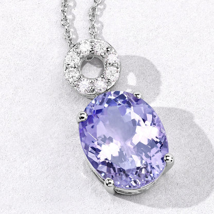 7.75 Cttw Oval Violet Tanzanite and Lab Diamond Rhodium over Silver Circle Bail Drop Pendant Necklace