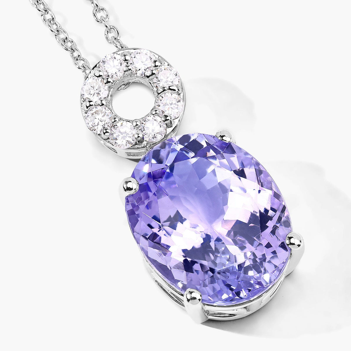 7.75 Cttw Oval Violet Tanzanite and Lab Diamond Rhodium over Silver Circle Bail Drop Pendant Necklace