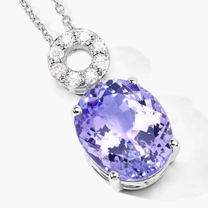 7.75 Cttw Oval Violet Tanzanite and Lab Diamond Rhodium over Silver Circle Bail Drop Pendant Necklace