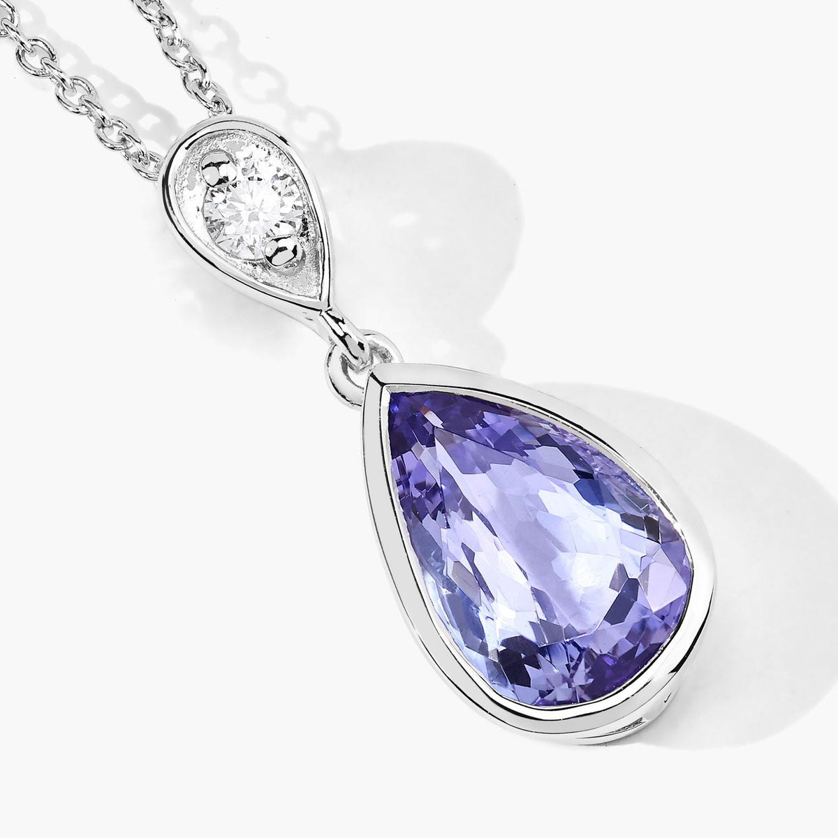 3.30 Cttw Pear Violet Tanzanite and Lab Diamond Bezel Rhodium over Silver TearDrop Pendant Necklace