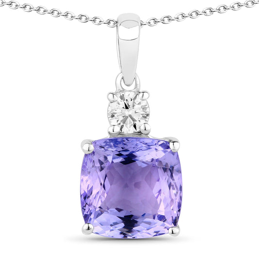 4.79 Cttw Cushion Violet Tanzanite Lab Diamond Rhodium over Silver Solitaire Drop Pendant Necklace