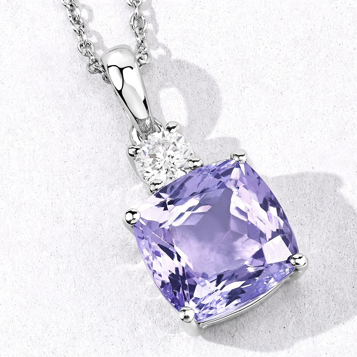4.79 Cttw Cushion Violet Tanzanite Lab Diamond Rhodium over Silver Solitaire Drop Pendant Necklace