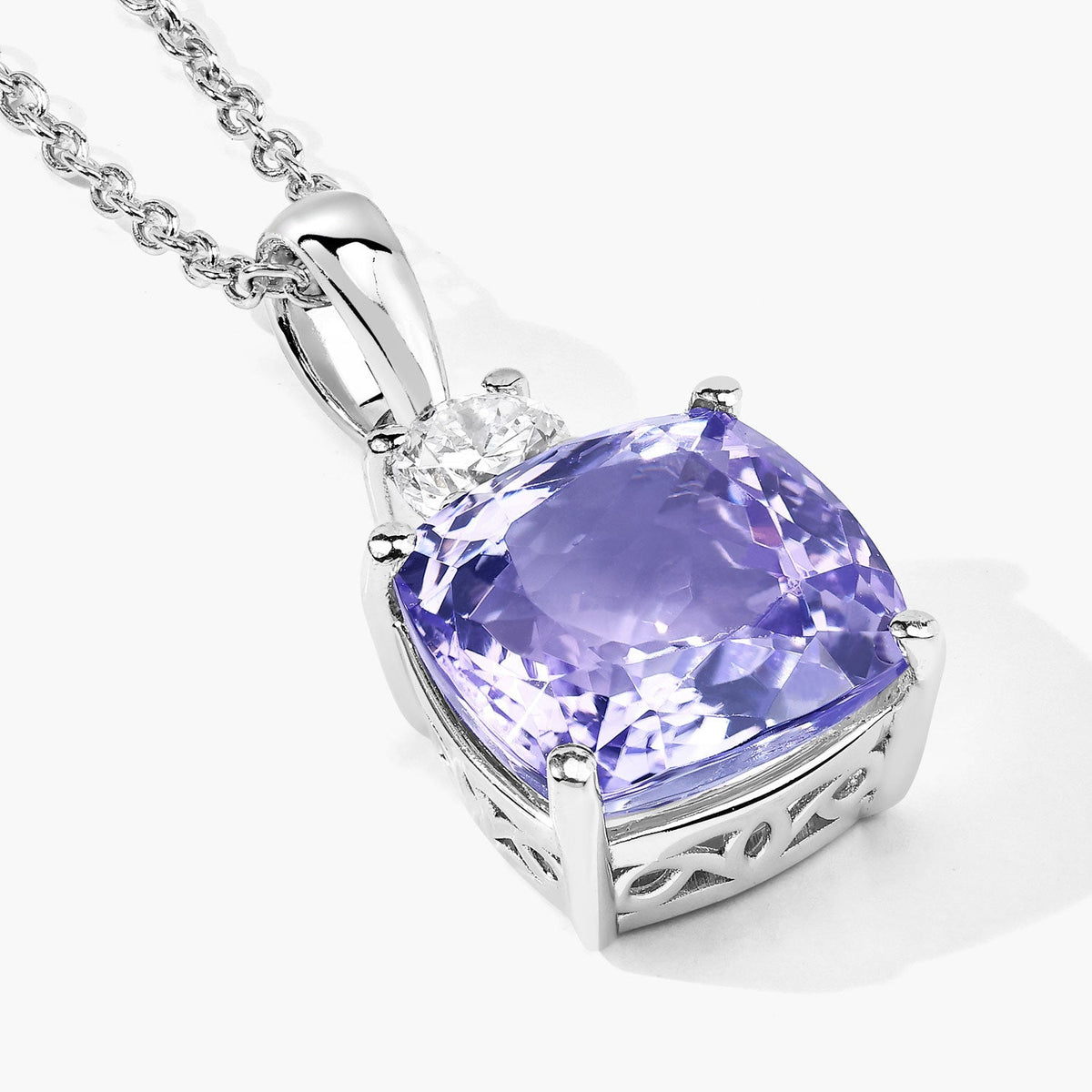 4.79 Cttw Cushion Violet Tanzanite Lab Diamond Rhodium over Silver Solitaire Drop Pendant Necklace