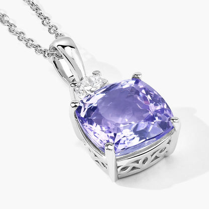 4.79 Cttw Cushion Violet Tanzanite Lab Diamond Rhodium over Silver Solitaire Drop Pendant Necklace