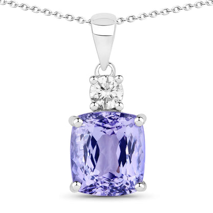 5.43 Cttw Cushion Violet Tanzanite Lab Diamond Rhodium over Silver Solitaire Drop Pendant Necklace
