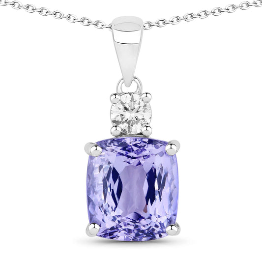 5.43 Cttw Cushion Violet Tanzanite Lab Diamond Rhodium over Silver Solitaire Drop Pendant Necklace