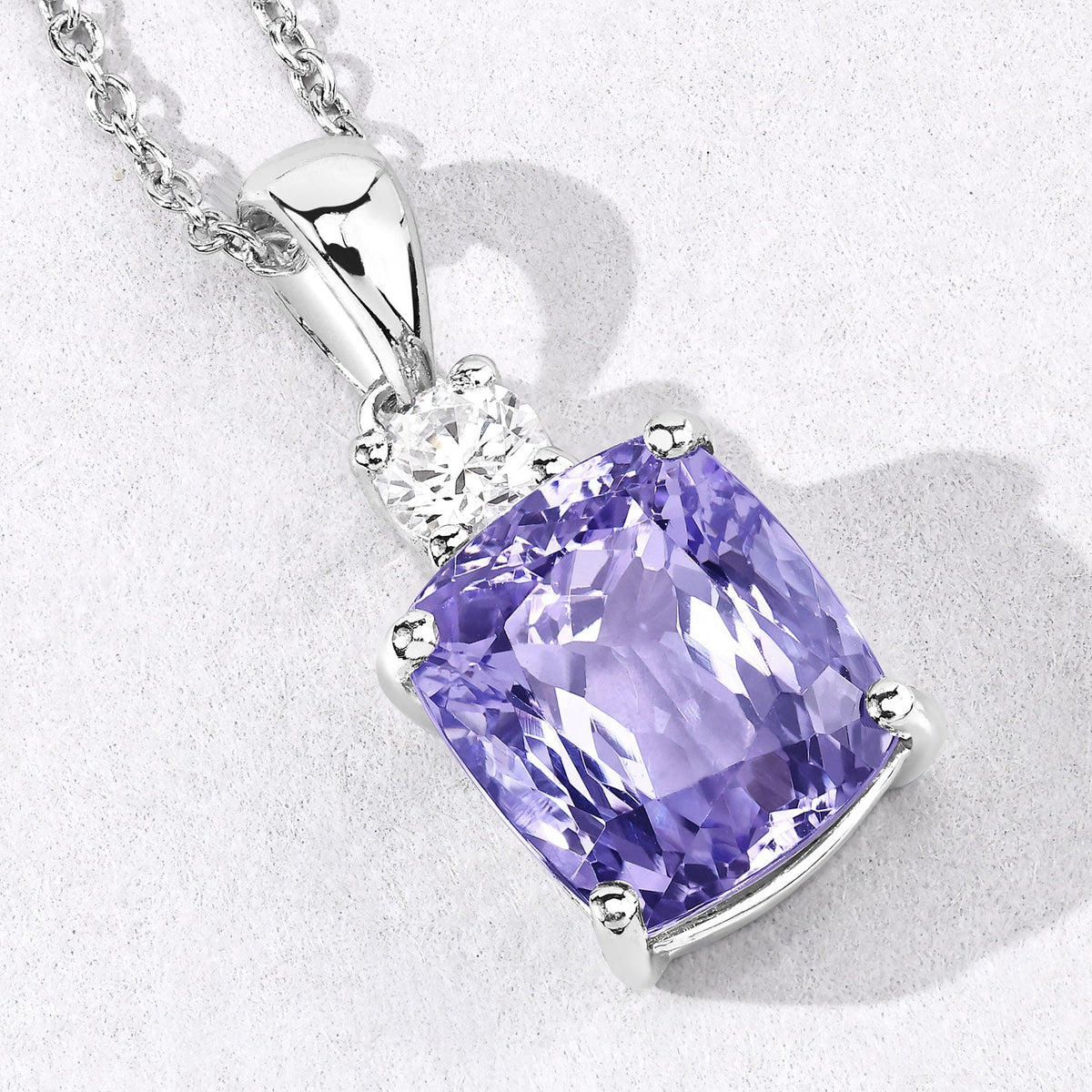 5.43 Cttw Cushion Violet Tanzanite Lab Diamond Rhodium over Silver Solitaire Drop Pendant Necklace