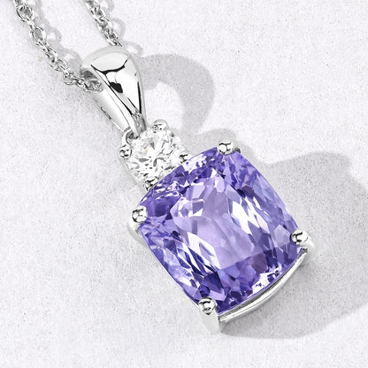 5.43 Cttw Cushion Violet Tanzanite Lab Diamond Rhodium over Silver Solitaire Drop Pendant Necklace