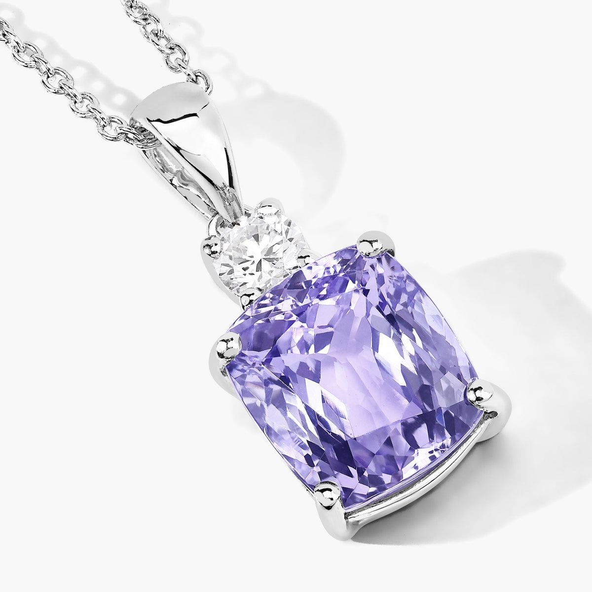 5.43 Cttw Cushion Violet Tanzanite Lab Diamond Rhodium over Silver Solitaire Drop Pendant Necklace