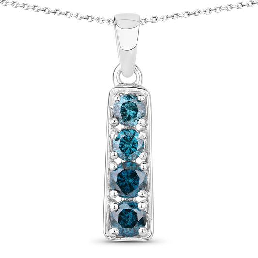 0.76 Cttw Round Teal Blue Diamond Rhodium Plated Silver Journey Bar Pendant Necklace