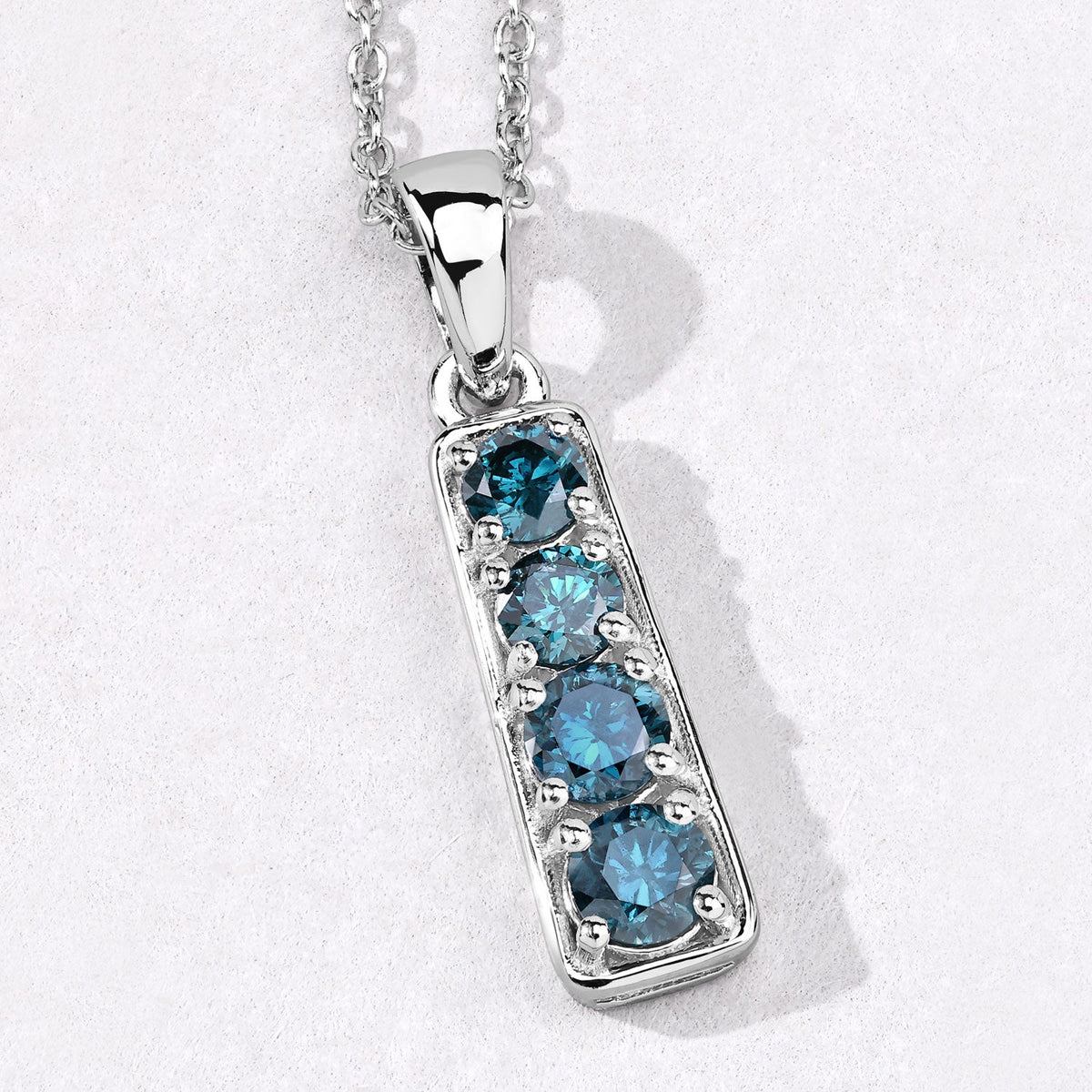 0.76 Cttw Round Teal Blue Diamond Rhodium Plated Silver Journey Bar Pendant Necklace