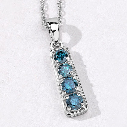 0.76 Cttw Round Teal Blue Diamond Rhodium Plated Silver Journey Bar Pendant Necklace