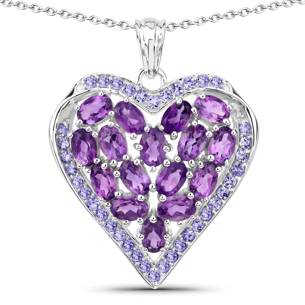 7.22 Cttw Oval Purple Amethyst and Tanzanite Rhodium over Silver Heart Cluster Pendant Necklace
