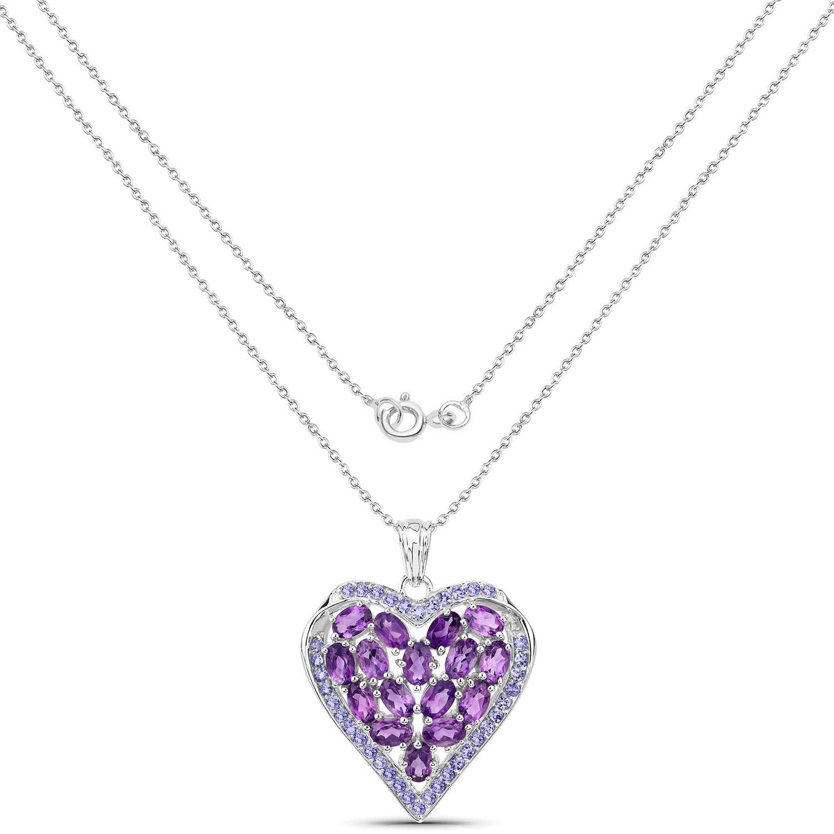 7.22 Cttw Oval Purple Amethyst and Tanzanite Rhodium over Silver Heart Cluster Pendant Necklace
