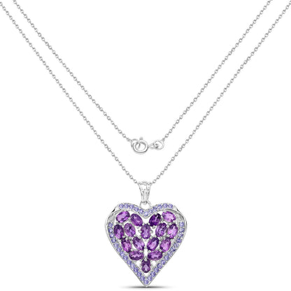 7.22 Cttw Oval Purple Amethyst and Tanzanite Rhodium over Silver Heart Cluster Pendant Necklace