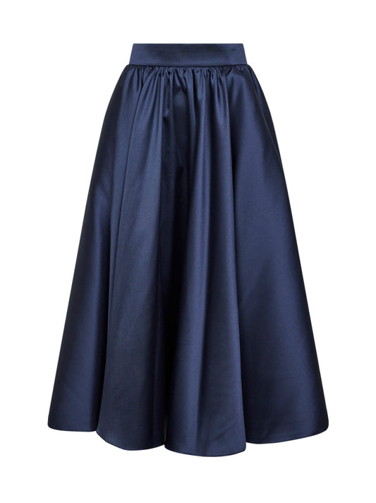 Navy Satin Geky Full Midi Skirt
