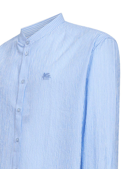Light Blue Striped Seersucker Cotton Logo Shirt