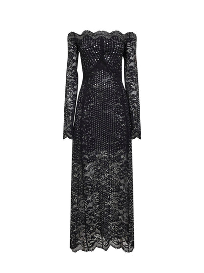 Midi Dress Black Embroidered-Sequins