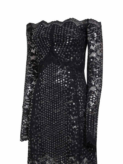 Midi Dress Black Embroidered-Sequins